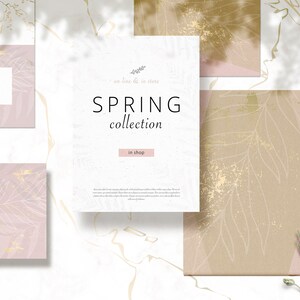 May include: A set of four cards with a spring theme. The cards feature a light pink and beige background with gold accents and a white outline of leaves. The text on the cards reads "Spring Sale" and "Spring Collection".