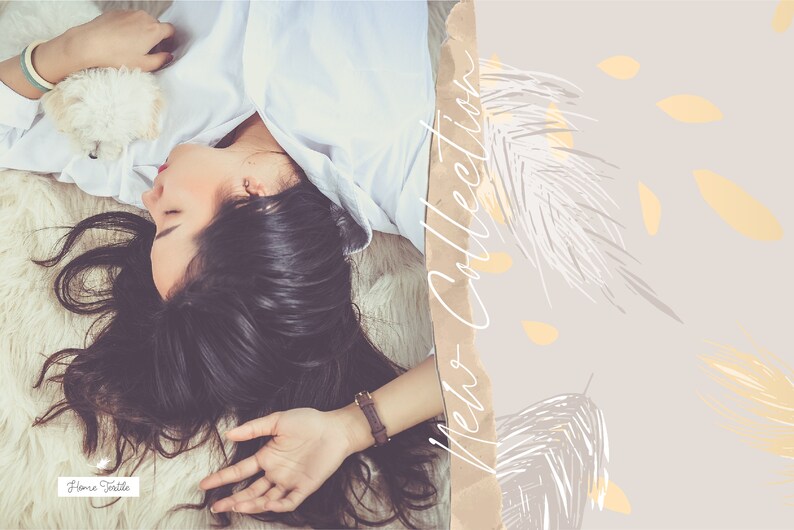 May include: A woman with long dark hair is lying on a white fluffy surface. She is wearing a white shirt and a brown watch. The background is a light gray with a brown and white abstract design and the text "Veto Collection".