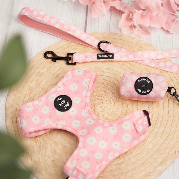 Pink Dog Harness Set | Daisy | Washable | Breathable | Floral | Leaves | Soft Padded Dog Harness | Premium harness | Bundle | Matching Set