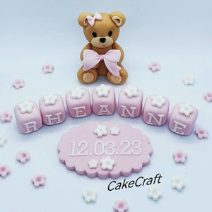 Teddy bear Christening Baptism Birthday Edible icing sugar paste cake decorations cake toppers, bows, name blocks, date plaque, flowers