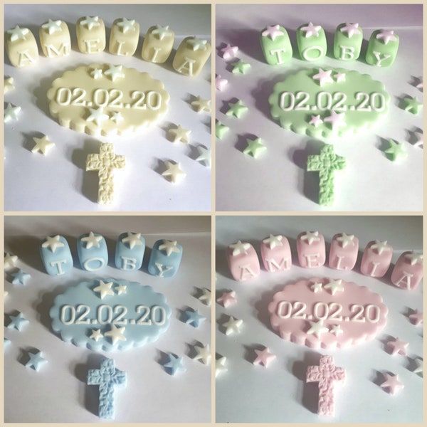 Christening Baptism Birthday Edible Handmade icing sugarpaste cake toppers, cake decorations, date plaque, name blocks, cross, flowers,stars