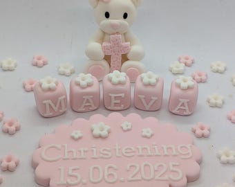 Ours en peluche baptême baptême anniversaire glaçage comestible pâte à sucre décorations de gâteaux décorations de gâteaux, blocs-noms, plaque, fleurs, étoiles, croix