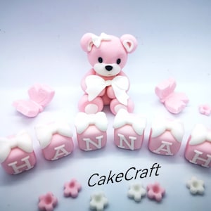 Teddy bear Christening Baptism Birthday Edible icing sugar paste cake decorations cake toppers, name blocks,butterflies, flowers, plaque