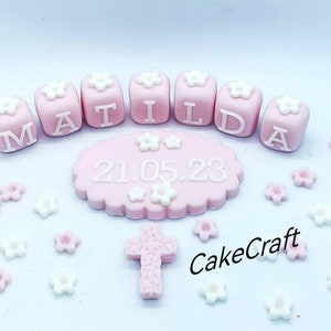 Christening Baptism Birthday Edible icing sugarpaste cake toppers, cake decorations, date plaque, name blocks, cross, flowers, stars