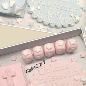 Christening/Baptism/Birthday plaque, Bible, cross, Edible icing sugar paste cake decorations cake toppers, plaque,name blocks,stars,flowers