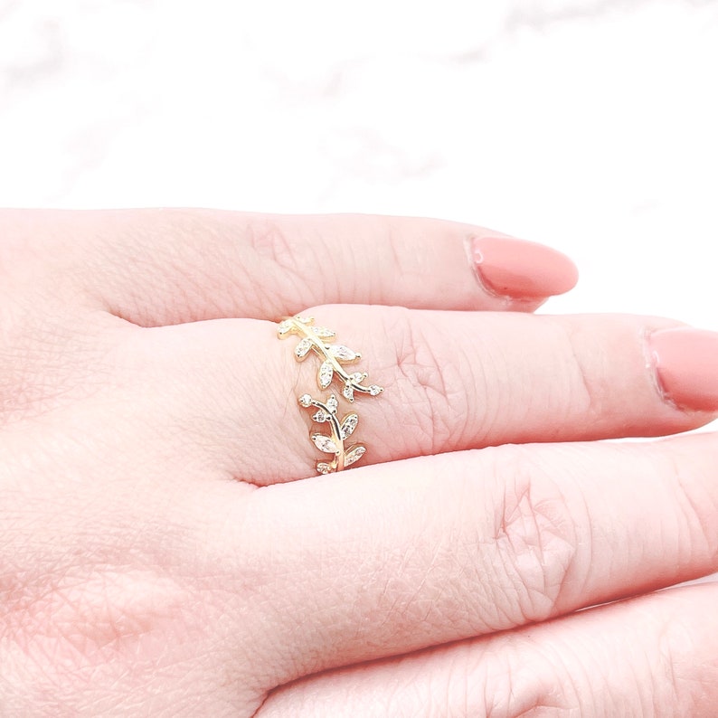 14K Ring Leaf Diamond Ring Gold Ring Stackable Ring Wedding Ring Tiny Ring Pearl Ring Minimalist Ring Statement Ring Band Ring