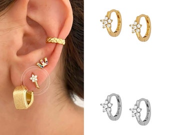 Flower Hoop Earring • Huggie Hoop Earring • Gold Earring • CZ ear cuff • huggie ear cuff • ear cuff non pierced • cartilage earrings