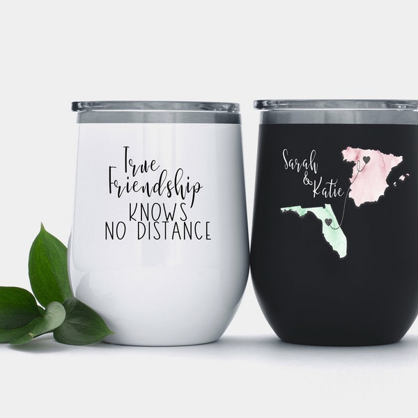 True Friendship, Personalized International Relationship, Long Distance Best Friend Bff Gift Stemless Wine Tumbler, Moving Away Present