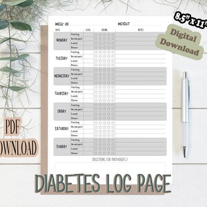 Può includere: Pagina di registro del diabete stampabile in bianco e nero con sfondo grigio. La pagina è divisa in sezioni per ogni giorno della settimana, con colonne per il digiuno, la colazione, il pranzo, la cena, il livello, la sensazione, il peso e le note. La pagina misura 8,5 pollici per 11 pollici.