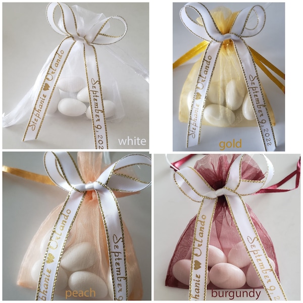 Italian Style Wedding Favors| Jordan Almonds in Pouch with Custom Printed Ribbon| Bridal Shower and other Occasions| Colors Available