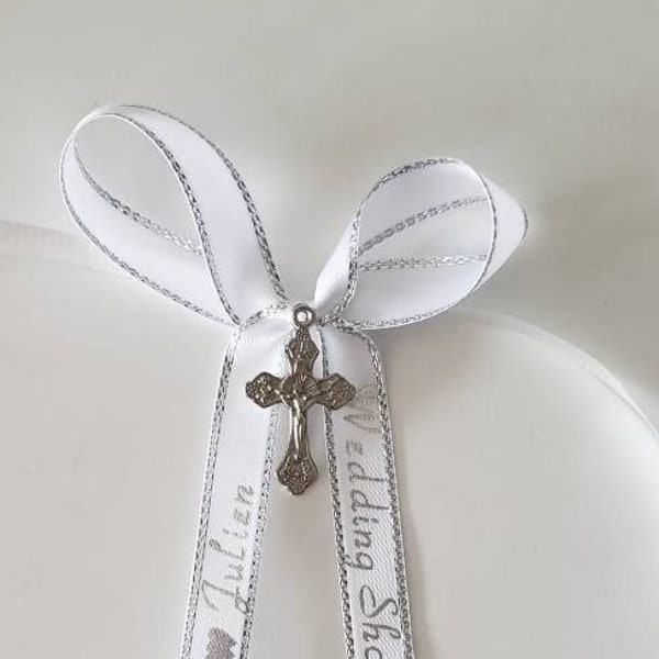 Silver Trimmed White Custom Printed Ribbon with Silver Cross