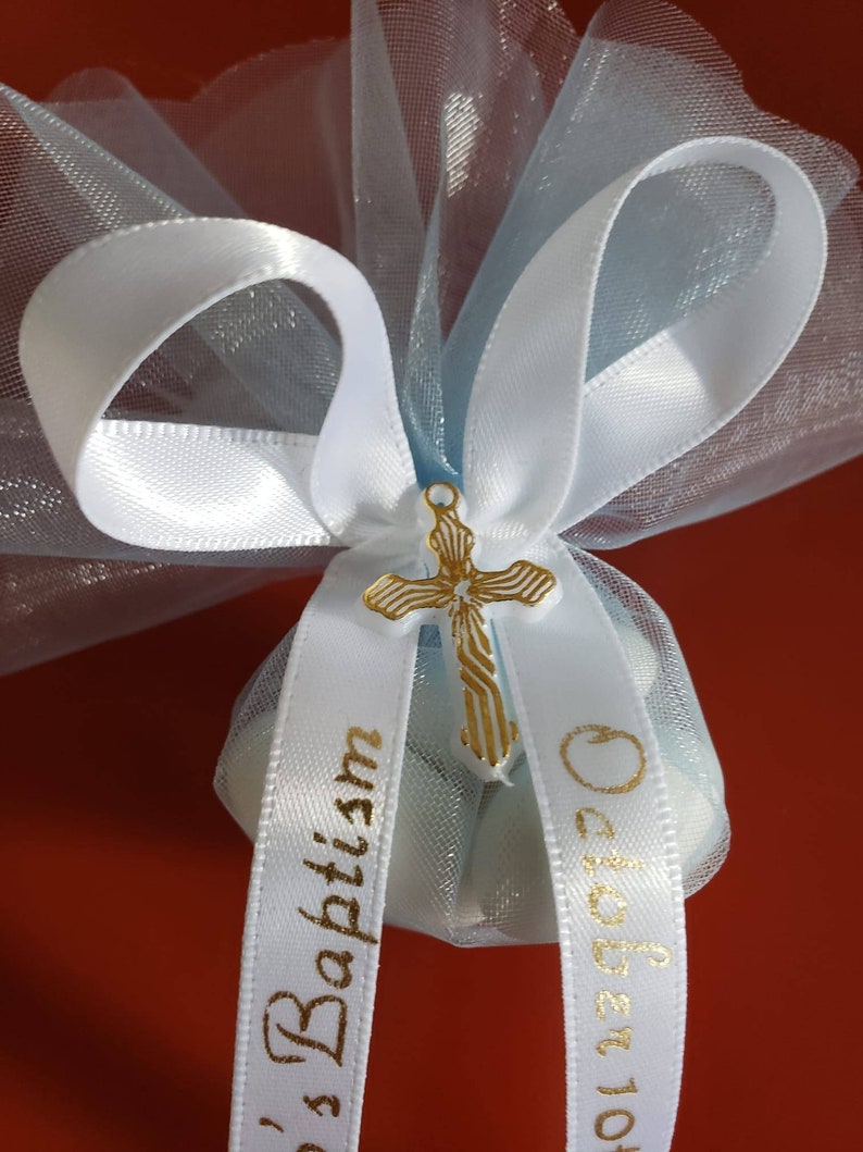 Religious Favors Italian Style Bomboniera with Jordan Almonds, Custom Ribbon and Decorative Cross. Perfect for all occasions image 3