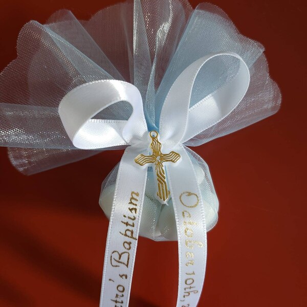 Religious Favors| Italian Style Bomboniera with Jordan Almonds, Custom Ribbon and Decorative Cross.| Perfect for all occasions