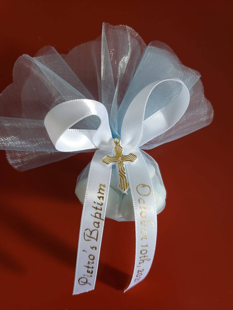 Religious Favors Italian Style Bomboniera with Jordan Almonds, Custom Ribbon and Decorative Cross. Perfect for all occasions image 1