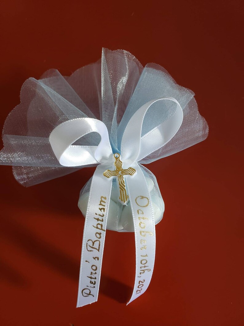 Religious Favors Italian Style Bomboniera with Jordan Almonds, Custom Ribbon and Decorative Cross. Perfect for all occasions image 2