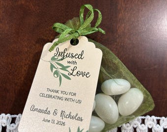 Olive Green Wedding Favors | Infused with Love Personalized Thank You Cards & Five Jordan Almonds
