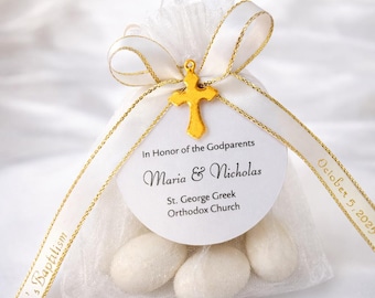Greek Baptism Favor, Personalized Organza Bag, Jordan Almonds, Gold Cross Tag
