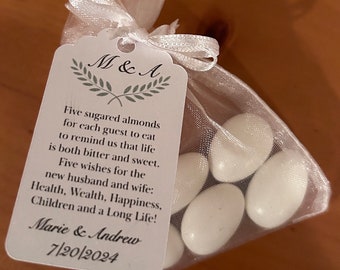 Italian Style Wedding Favors| Jordan Almonds in Pouch with Custom Printed Tag| An Italian Tradition Bomboniera