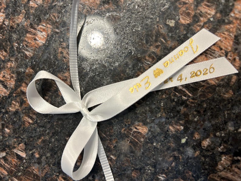 Reflection Lettering White Paper Personalized Satin Ribbon for Favors | Custom Names & Date | Metallic ...