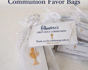 First Communion Personalized Favors with Custom Tags, Box of Matches with Gold Chalice