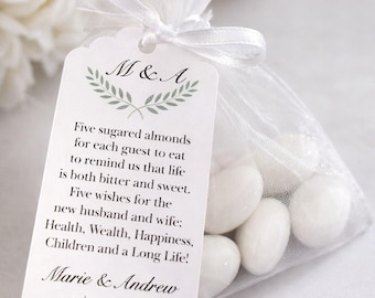 Italian Wedding Favors. Jordan Almonds in Organza Pouch with Custom Tag