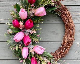 Pink tulip door wreath, spring and summer wreath, door decor, home decor, artificial flower wreath, mixed tulip wreath.