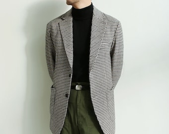 Classic Men's Wool Blend Single Sports Jacket / 3roll 2button Tailored Blazer Single Breasted Houndstooth Jacket