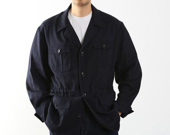 Men's Basic Spring Summer Linen Safari Jacket / Navy Color Summer Coat for Men / Short Coat Jacket