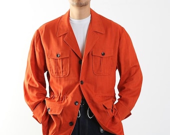 Men's Basic Spring Summer Linen Safari Jacket / Orange Color Summer Coat for Men / Short Coat Jacket