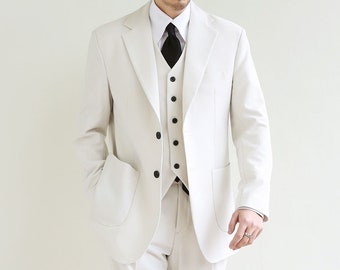 Basic Men's Single Suit Jacket in Ivory Color / 3roll 2button Tailored Blazer Single Breasted Jacket