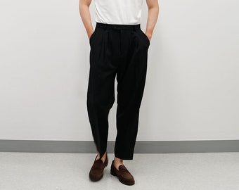 Basic Overfit Men's Suit Pants in Black Color / Dress Pleat Semi-Balloon Fit Tailored Trousers