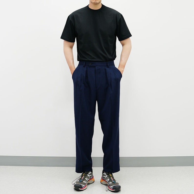 Basic Overfit Men's Suit Pants in Navy Color / Dress Pleat Semi-Balloon Fit Tailored Trousers image 1