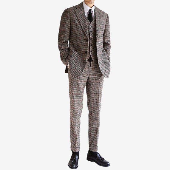 Classic Fit Men's Houndstooth Wool Blend Suit Pants With Turn-up