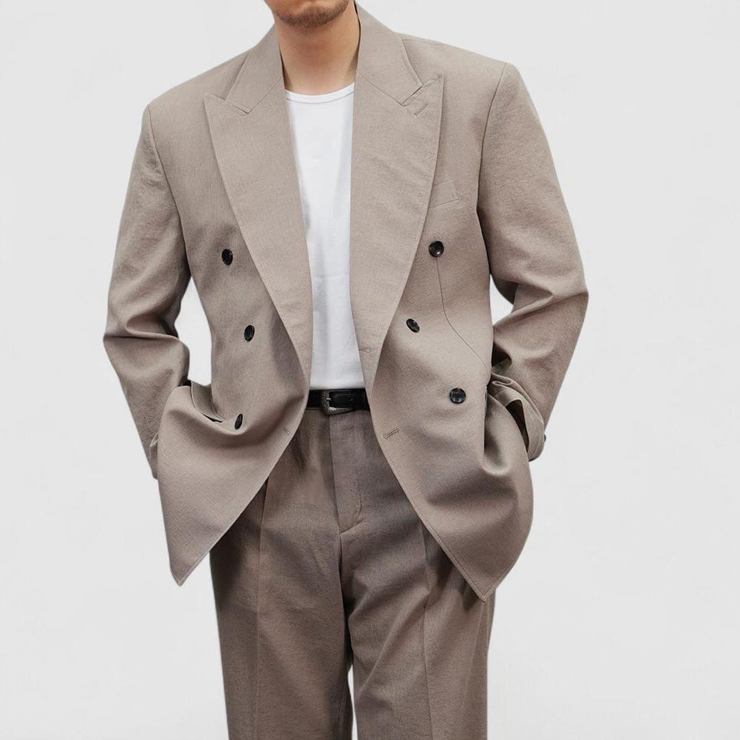 Beige Summer Double-breasted Suit Jacket – Relaxed Fit Lightweight