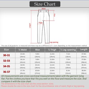 K&ouml;nnte beinhalten: Gr&ouml;&szlig;entabelle f&uuml;r Hosen mit Ma&szlig;en in Zoll und Zentimetern. Die Tabelle zeigt die Ma&szlig;e f&uuml;r Taille, Bundh&ouml;he, Oberschenkel, Bein&ouml;ffnung und L&auml;nge f&uuml;r die Gr&ouml;&szlig;en 30-31, 32-33, 34-35 und 36-37.
