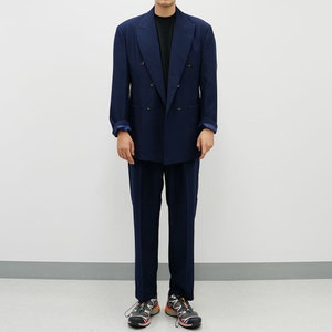 Basic Overfit Men's Suit Pants in Navy Color / Dress Pleat Semi-Balloon Fit Tailored Trousers image 3