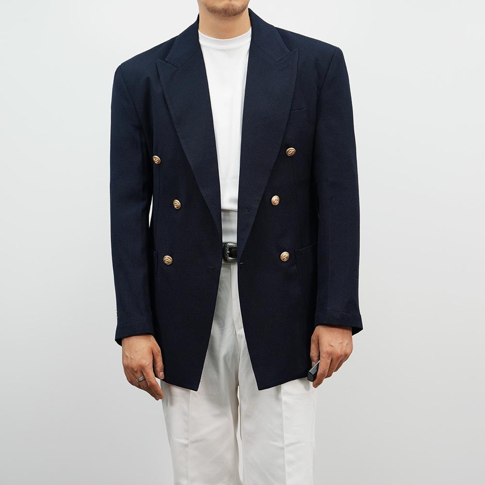 Basic Men's Gold Button Double Breasted Summer Suit Jacket in Navy