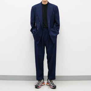 Basic Overfit Men's Suit Pants in Navy Color / Dress Pleat Semi-Balloon Fit Tailored Trousers image 2