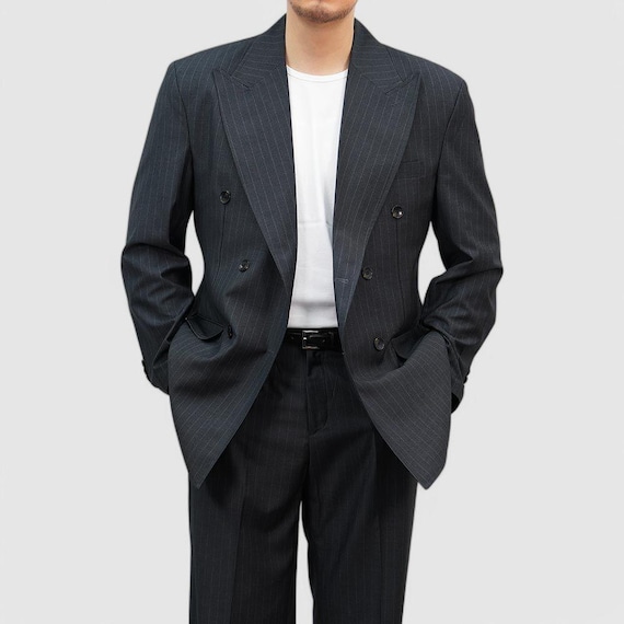 Gray Striped Summer 2-piece Suit – Double-breasted Blazer and Semi