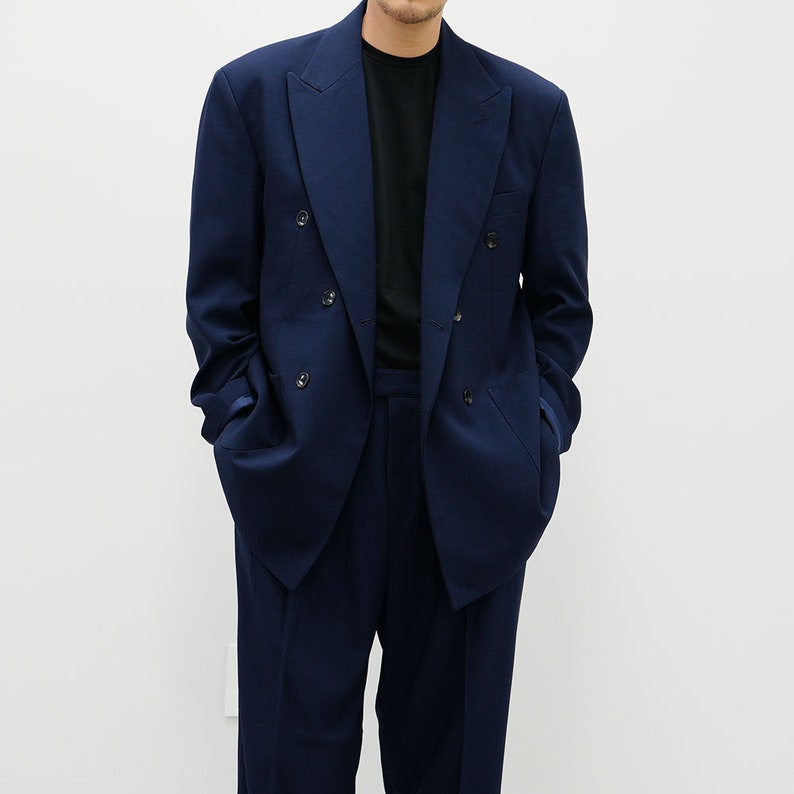 Basic Overfit Men's Suit Pants in Navy Color / Dress Pleat Semi-Balloon Fit Tailored Trousers image 4