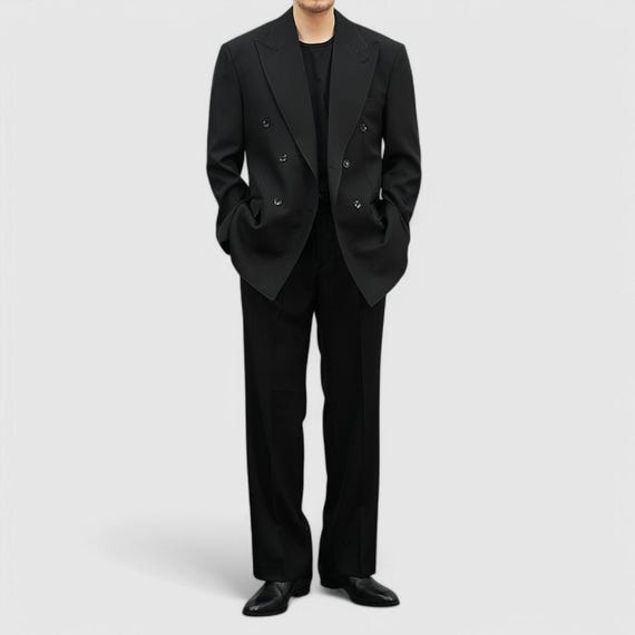 Black 2-Piece Suit for Men - Double-Breasted Blazer and Semi-Flare Pants Set for Spring and Fall Black 2-Piece Suit for Men - Double-Breasted Blazer and Semi-Flare Pants Set for Spring and Fall