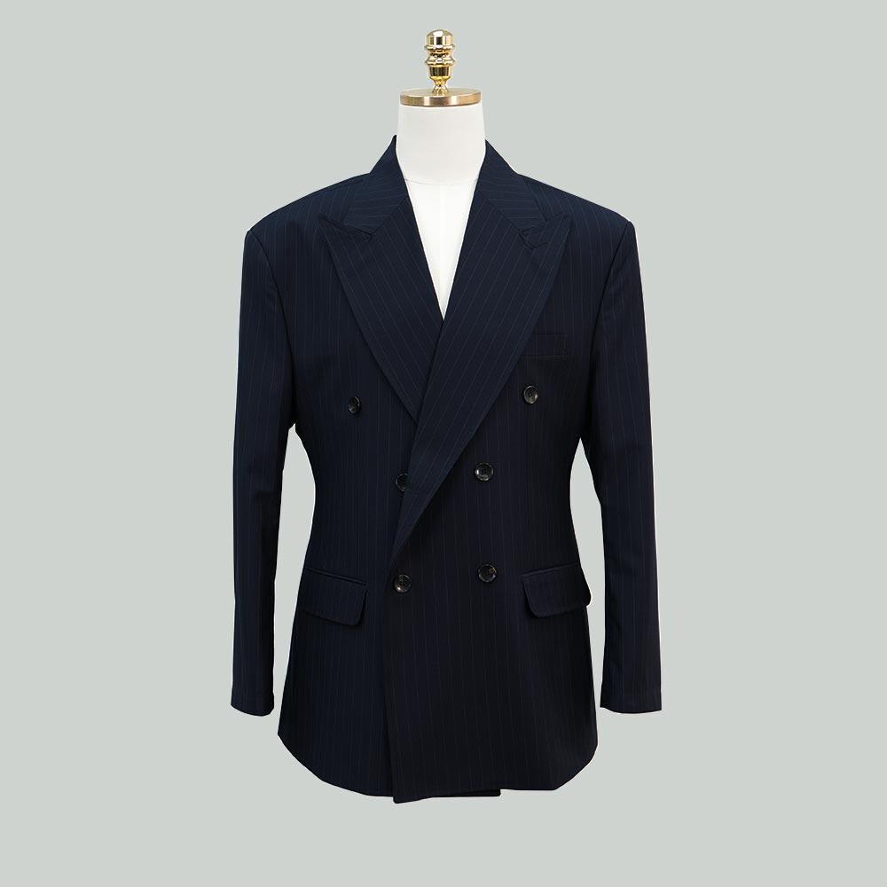 Navy Striped Summer 2-piece Suit – Double-breasted Blazer and Semi