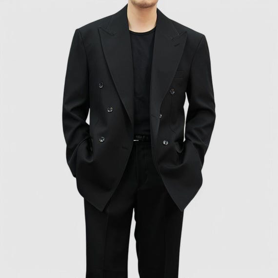 メンズ用ブラックダブルブレストスーツジャケット - 春秋に活躍する