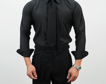 Black Long Point Collar Dress Shirt - Classic Non-Iron Formal Shirt for Men
