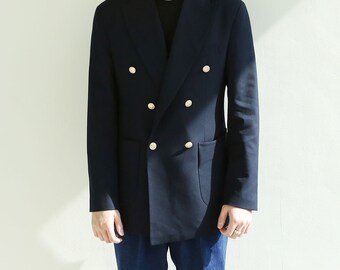Basic Men's Gold Button Double Breasted Suit Jacket in Navy Color