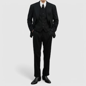 Black 3-Piece Suit for Men – Hopsack Blazer, Vest, and Tailored Pants Set