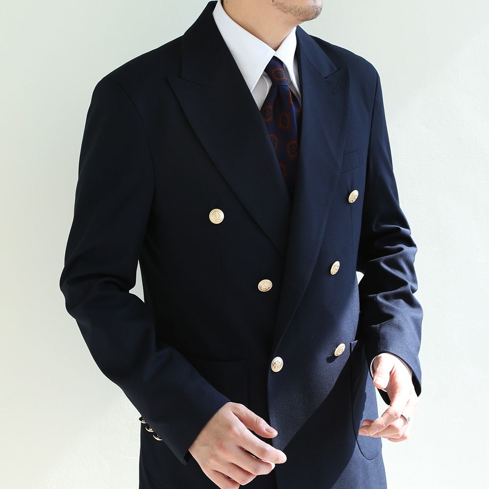 Basic Men's Gold Button Double Breasted Suit Jacket in Navy