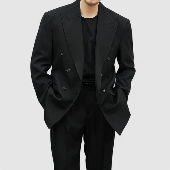 メンズ用ブラックダブルブレストスーツジャケット - 春秋に活躍する