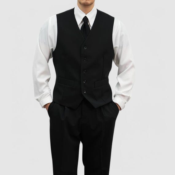 Black Hopsack Vest - Classic Formal Waistcoat for Men with Adjustable Back Strap