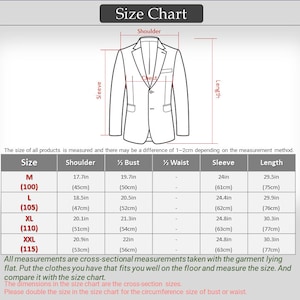 May include: Size chart for a blazer with measurements in inches and centimeters. The chart shows the size, shoulder, bust, waist, sleeve, and length measurements for sizes M, L, XL, XXL, and XXXL.